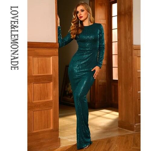 LOVE&LEMONADE Sexy Round Neck Backless Green Elastic Sequin Bodycon Fishtail Maxi Dress LM81238-2