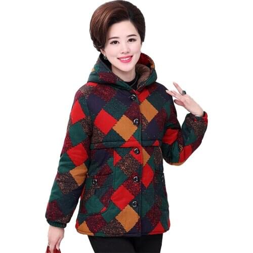 Winter womens cotton coat printed plus velvet thick warm wadded jacket middle aged female plus size Hooded short outerwear 3074