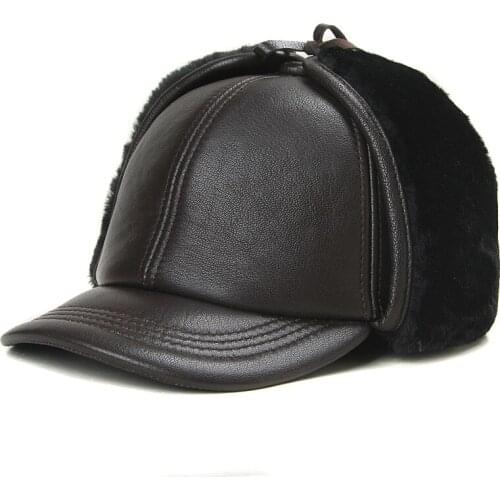 Sheep Skin Winter Ear Protection Caps Winter Warm Plush Elderly Mens Big Ear Leather Lei Feng Hat Black / Brown