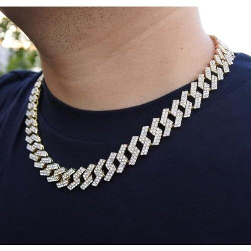 15mm mens hip hop necklace miami cuban curb link chain 2 tone red black blue crystal iced out punk rapper singer 2 row cz chain