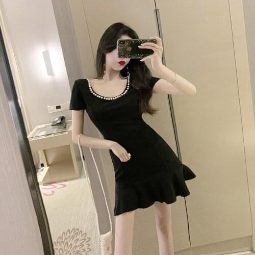 #0963 Black White Mini Dress Women O Neck Pearls Sexy Short Party Dress Female Short Sleeved Slim Casual A-line Mermaid Dress