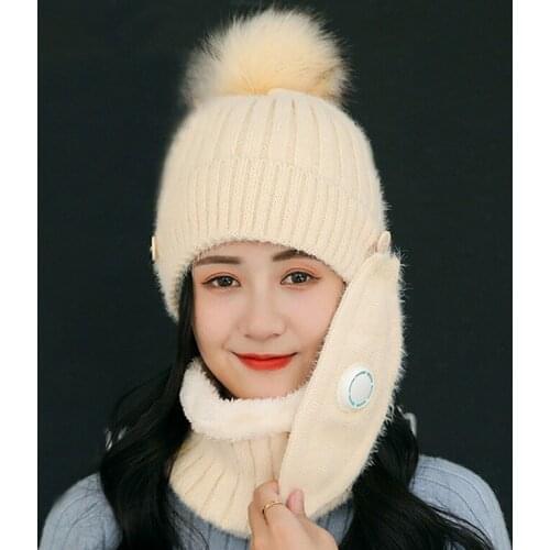 3 in 1 Adult Knitted Scarf Hat Face Mask Set with Breathing Winter Warm Soft for Women Outdoor