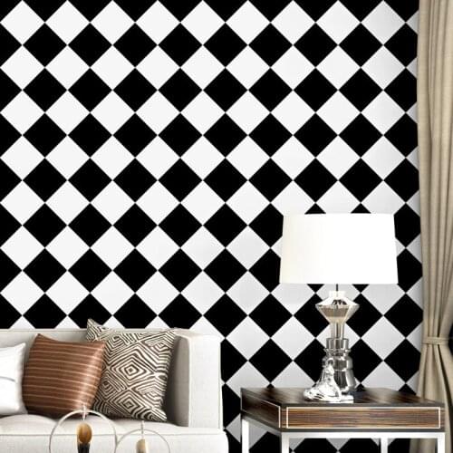 Black and white wallpaper modern simple American square grid diamond geometry living room bedroom dining room TV background