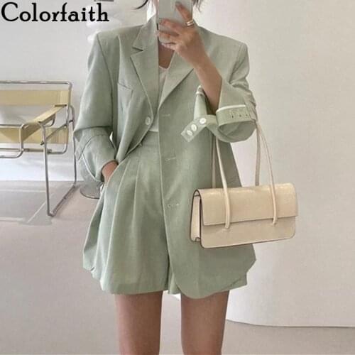 Colorfaith 2021 New Summer Women Sets 2 Piece Outfits Blazers Matching Short Office Lady Vintage Wild Fashionable Suit WS7822