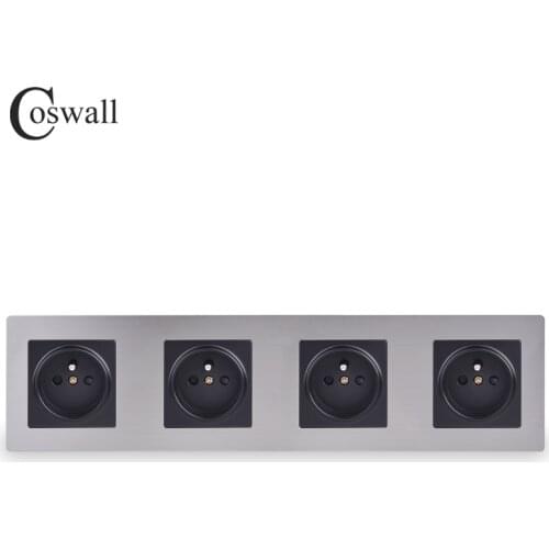 COSWALL Stainless Steel Panel 4 Gang Wall Socket 16A French Standard Power Outlet Silver Black Color Child Protective Door
