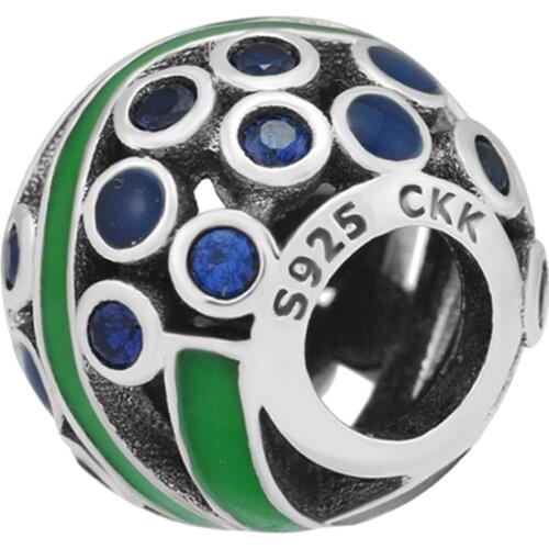 Fandola CKK 925 Sterling Silver Ocean Life Charm,Green Seaweed Enamel & Blue CZ Fit for Bracelet Charms for Jewelry Making Gift