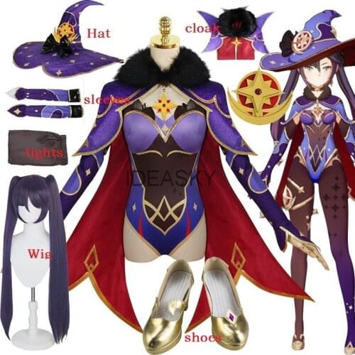 Anime Game Genshin Impact Mona Cosplay Costume Hat Earrings Shoes Wig Women Sexy Halloween Party Dress Body Suit jumpsuit
