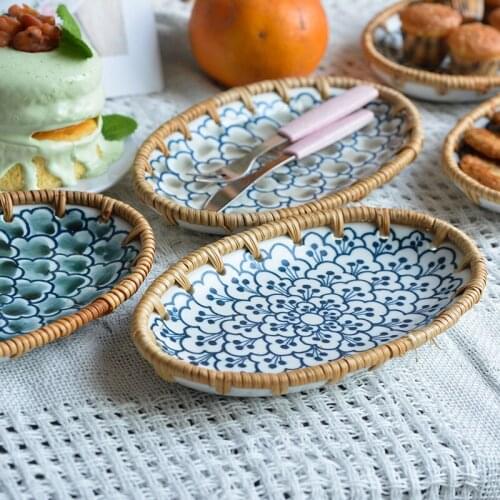 Korean Japanese Ceramic Tableware Autumn Rattan Woven Dried Fruit Storage Plate Table Cake Salad Sushi Tray