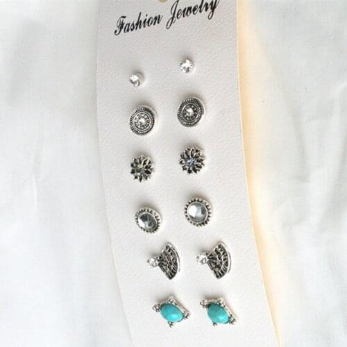 Hot Selling Vintage Cute 6 Pairs Earring Sets Round Square Ball Alloy Crystal Stud Earrings For Women Friend Girl Gifts Bijoux