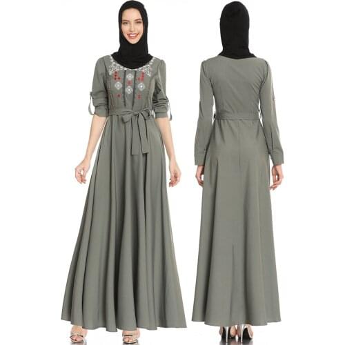 Fashion Autumn Womens Ethnic Embroidery Splicing Multi-layer Pleated Belt Long-sleeved Casual Dress Long Skirt Muslim Dress