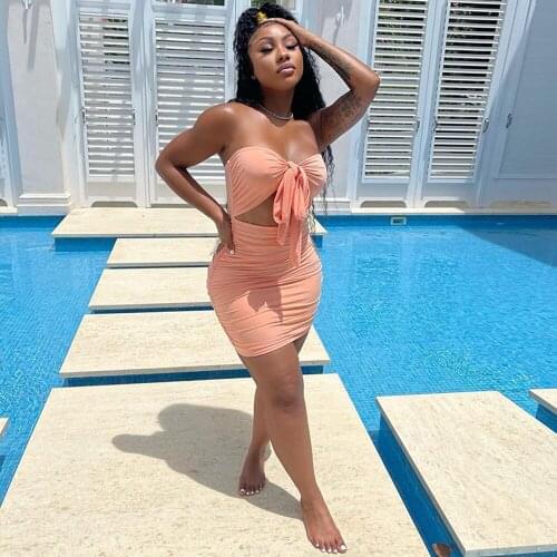 Fashion Sexy Pleated Bow Tie Mini Dress Womens Clothing Sleeveless Hollow Out Backless Dresses Female Party Clubwear Vestidos