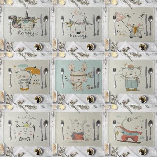 Fashion Print Rectangle Cotton Linen Western Style Table Pad Cut Mats Placemat for Dinner Kitchen Table 40x30cm Cartoon Elephant