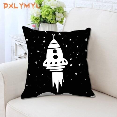 Cartoon Cushion Cover Black and White Plush Throw Pillow Case Cartoon Rocket Hand Reach for The Stars Quote Art Cushion Cover