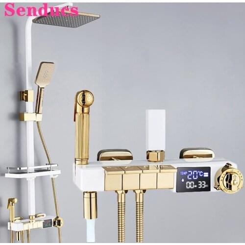 Music Thermostatic Shower Set Senducs White Gold Piano Digital Bathroom Shower Faucet System of 12 Inch Rainfall Shower Head