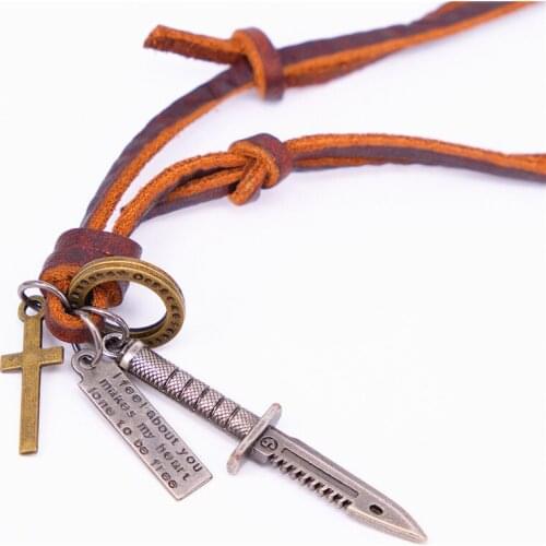 NIUYITID Fashion Sword Pendant Necklace For Men Brown 100% Genuine Leather Jewelry Adjustable Gift Brother Dropshipping