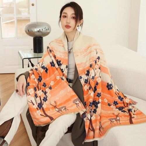 New Woman Fashion European And American Style Flower Printing Imitation Cashmere Shawl Multifunction Warm Scarf Gift