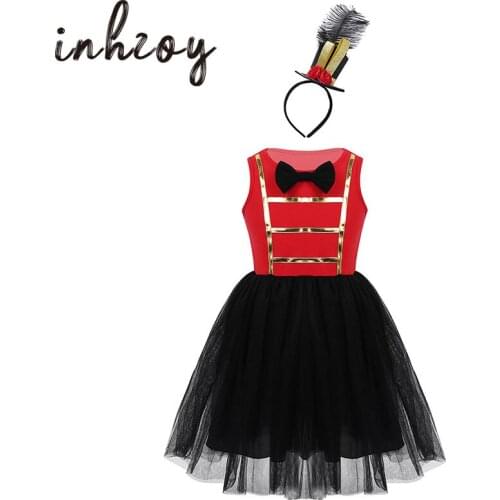 Kids Girls Christmas Halloween Cosplay Party Ringmaster Showman Outfit Circus Costume Sleeveless Bowtie Mesh Dress with Headwear