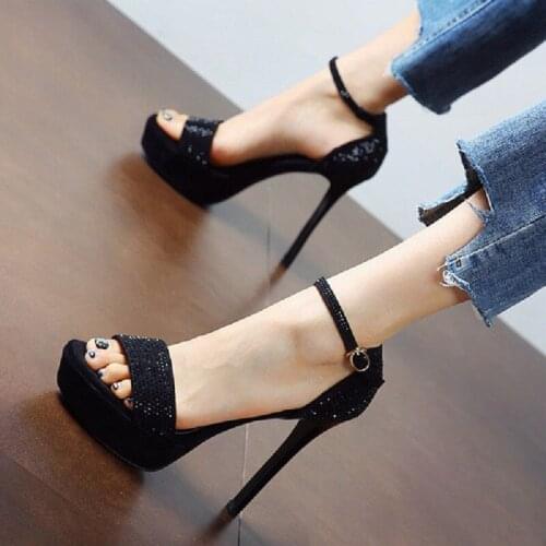 One word buckle womens shoes 2021 new fashion open toe rhinestone stiletto sandals waterproof platform super high heels