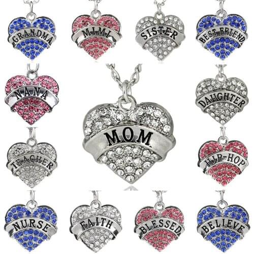 Heart Shape Clear Blue Crystal Mom Grandma Mimi Faith Teacher Blessed Pendant Necklace Mothers Day Gifts Family Women Jewelry