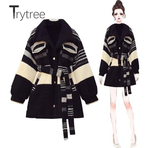 Trytree 2020 Winter Polar Fleece Womens Jackets Pockets Belt Single Breasted Office Lady Thick Coat Loose Long Womens Blends