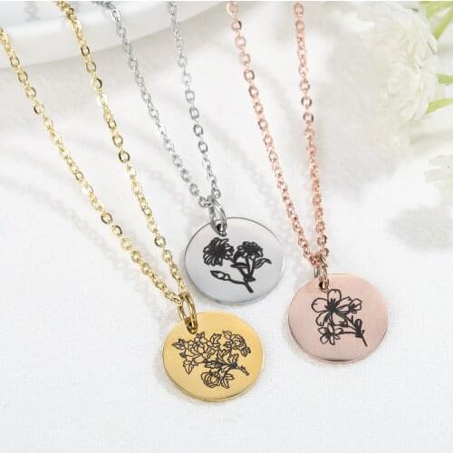 Personalized Wafer Engraved Name Necklace Flowers Pattern Customized Nameplate Jewelry For Women/Men Chains With Pendants