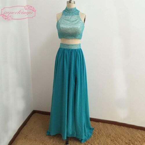 Real Picture Evening Dresses High Neck Pearls Beading Two Pieces Blue Prom Dresses Two Pieces