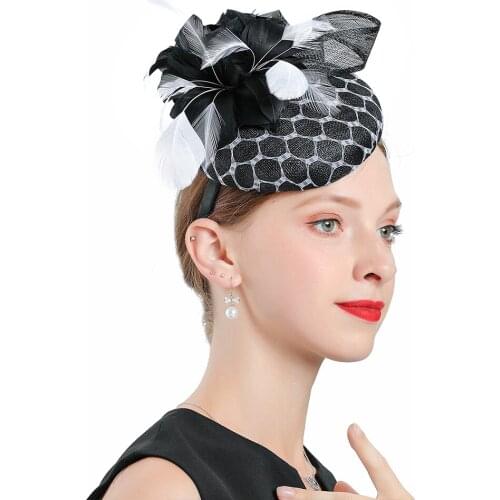 Black White Ladies Church Sinamay Hats For Women Fedoras Linen Wedding Fascinators Elegant Caps Feather Party Pillbox Woman Hat