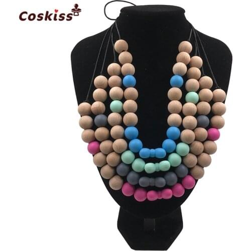 Baby Safety Silicone Baby Teether Wooden Beads Teething Chew Toy Infant Teethers Necklace Baby Accessory Gift BPA Free