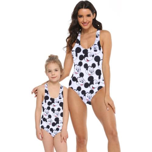 Family Matching Mom Girls Bathing Suit Mommy and Me One Piece Swimsuit Cartoon Mouse Swimwear Bikini Sporty Monokini Beachwear