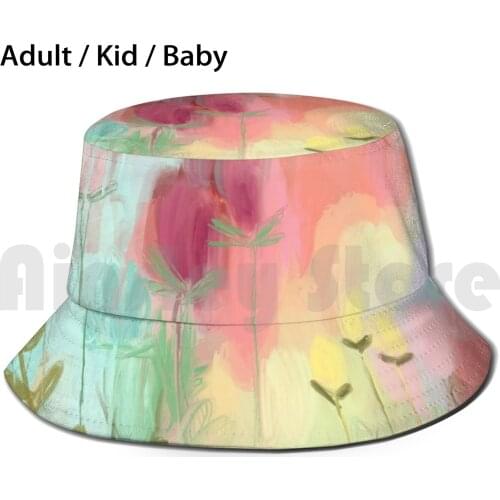 Peachy Meadow Sun Hat Foldable UV Protection Peach Design Floral Tulips Leaves Flowers Nature Plants Spring Meadow
