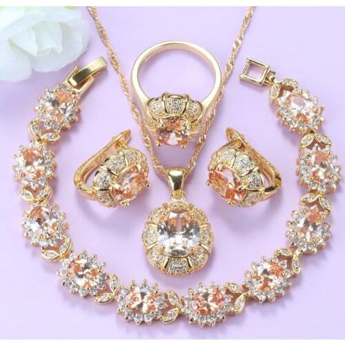 Vintage Style Gold Color Luxurious Women Wedding African Jewelry Sets Champagne Stone Clip Earrings Necklace Bracelet Sets