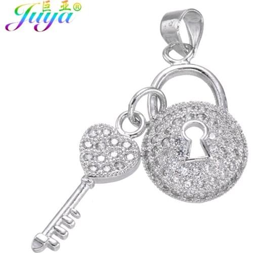 DIY Women Fashion Charms Jewelry Findings Paved Zircon Gold/Silver Color Heart Shape Key Locket Charms Accessories Supplies
