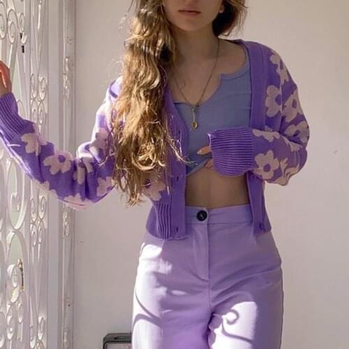 Y2k Vintage Purple Floral Female Cardigan Autumn Sweaters Fashion Button Up Cropped Knitted Sweater Aesthetic Jackets