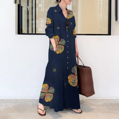 2021 Summer New Leisure Lapel Dress Womens Long Sleeve Print Loose Cardigan Dress Elegance Fashion S-5XL Classic Lady Vestidos