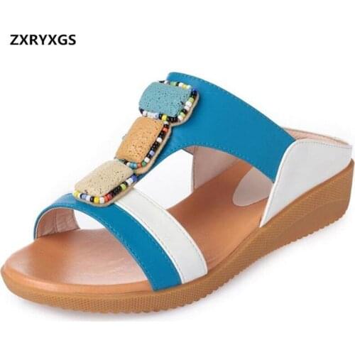 ZXRYXGS Brand Sandals Wild Mixed Colors Fashion Sandals Casual Shoes 2020 New Soft Comfortable Real Leather Sandals Slippers