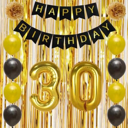 14pcs 18 20 30 40th Birthday Party Number Foil Balloons Party Decoration Black Gold Latex Air Globos Rain Curtain Paper Flower