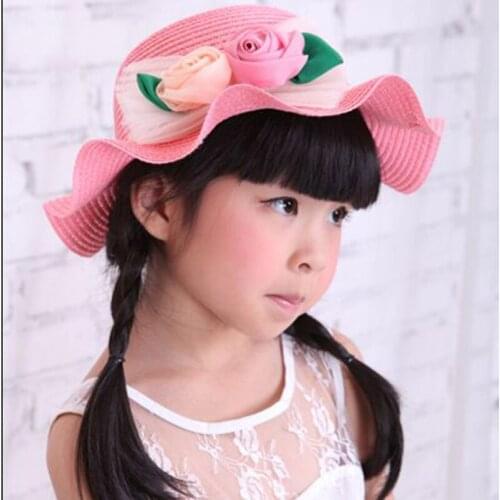 2016 NEW Sun Hats For Girl Summer Fashion Children Flouncy Straw Hat Two Roses Bud Silk Caps