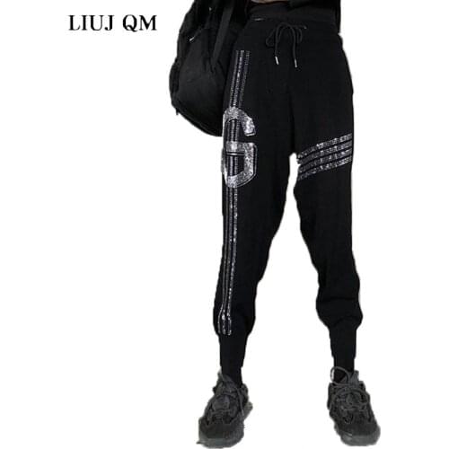 2021 European Heavy Industry Hot Colored Diamond Spring Autumn Knitting Loose Harajuku Dark Black Diamond Harem Pants Foot Pants