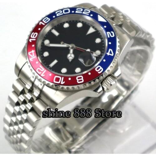 40mm PARNIS Black Sterile Dial bezel Sapphire glass date GMT automatic mens watch