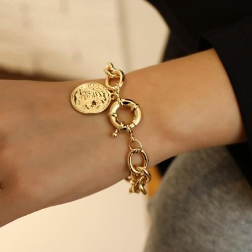 ALLYES Retro Gold Color Woman Head Portrait Pendant Bracelets Thick Link Chain Bracelet Bangle Female Jewelry Couple Gifts