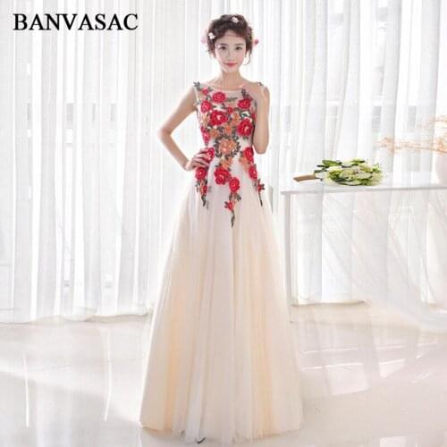 BANVASAC 2018 O Neck Flowers Embroidery A Line Long Evening Dresses Lace Appliques Party Open Back Prom Gowns