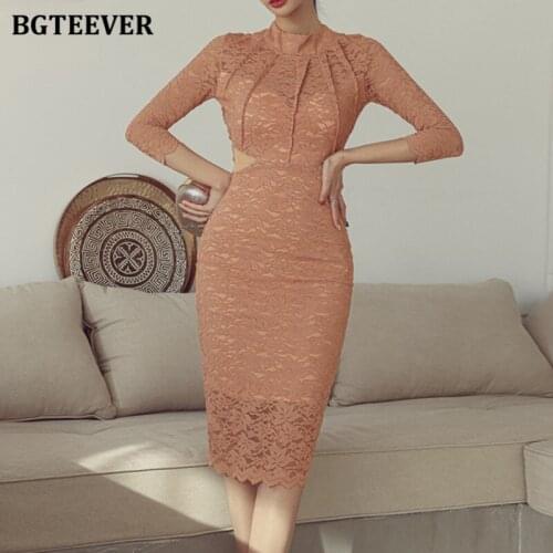 BGTEEVER 2021 Spring Elegant Ladies Slim Waist Package Hip Lace Dress Full Sleeve Female Lace-up Backless Midi Dress Vestidos