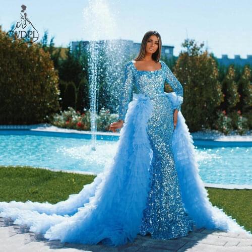 Sparkly Vestidos Sequined Mermaid Prom Dresses With Detachable Train Long Sleeve Beaded Formal Evening Gowns Custom Made Dress