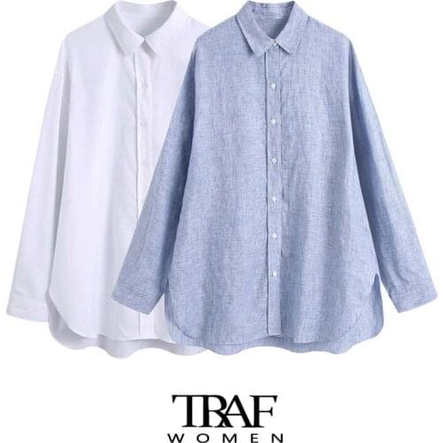 TRAF Za Women Fashion Oversized Linen Asymmetric Blouses Vintage Long Sleeve Button-up Female Shirts Chic Tops