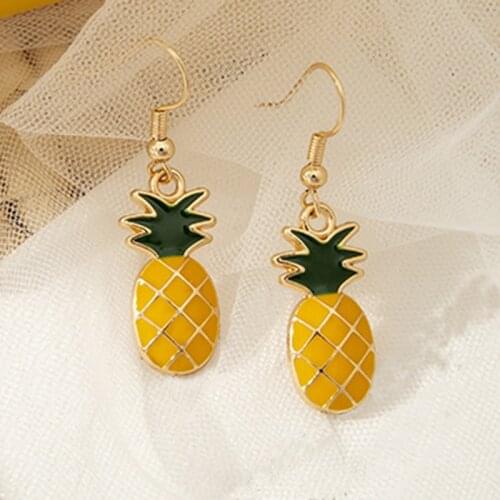 Women Ear Hook Fruit Drop Earrings Gold color Pineapple Earrings , Ananas Yellow & Green Enamel Earrings 24 mm x 12mm, 1 Pair