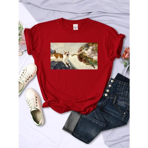 Cat Breaking Into A Famous Painting T Shirt Women Harajuku Style T-Shirts Cartoons Loose Tops Fashion Casual Female Tee Clothes