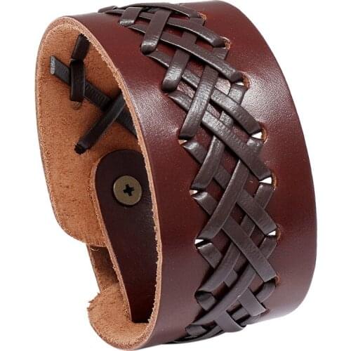 Jessingshow 2021 Fashion Jewelry Vintage Handmade Weave Genuine Leather Bracelet Men Charm Cuff Wristband Wide Leather Bracelet