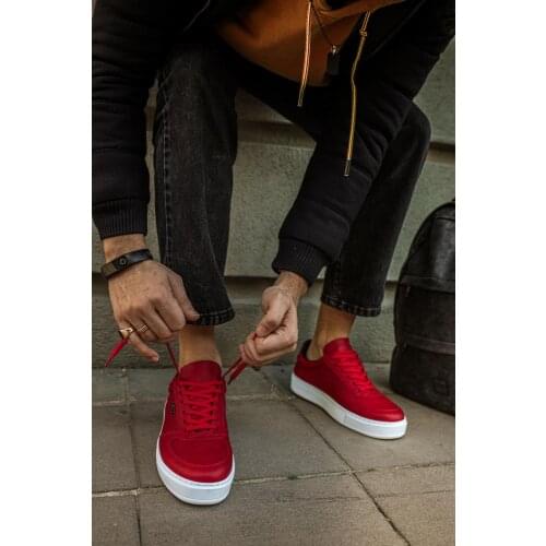 KNACK Red Daily Shoes Van for Men 011 White Bottom Artificial Leather Rubber Lace-up Fall & Spring Sport Comfortable Casual Footwear Venus Fast and Free Shipping High Quality Fabric