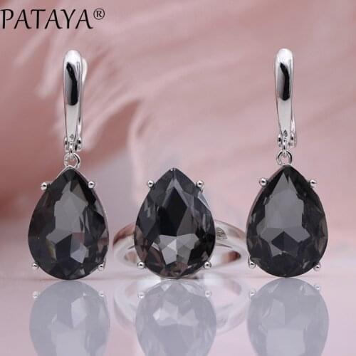 PATAYA New Big Water Drop Long Earrings Rings Set Women Fashion Wedding Party White Gold Natural Zircon Smoke Gray Jewelry Sets