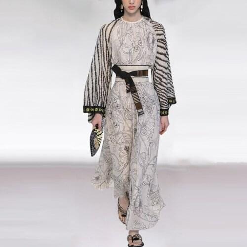 Fashion Plus Size Runway Dress Women Flare Sleeve Loose Style Flower Print Bandage Belt Elegant Long Dresses XXL XXXL